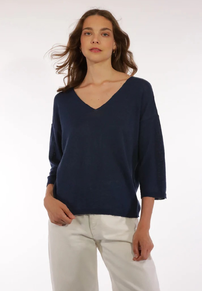 FLEUR V NECK SWEATER NAVY - Les Racines du Ciel - DAMEN | SALE