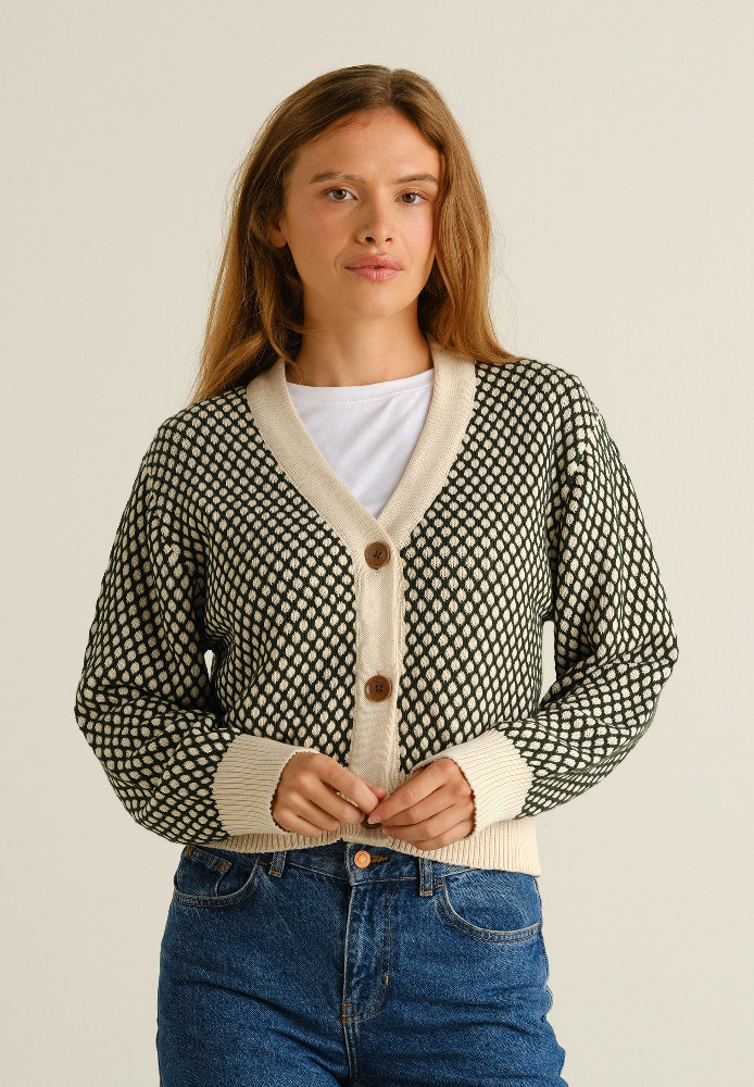 Cardigan Kanan Bubble Knit Dark Green/Vanilla Whte - DEDICATED - NEU