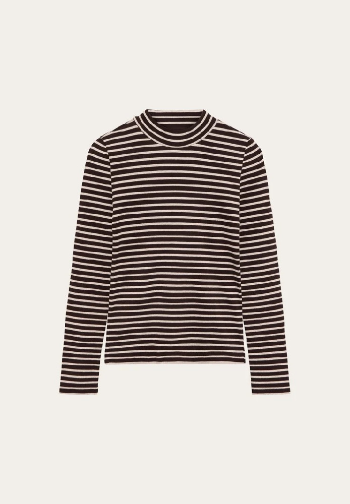 Rib mock neck Stripe - brown - Knowledge Cotton Apparel - DAMEN | Longsleeves