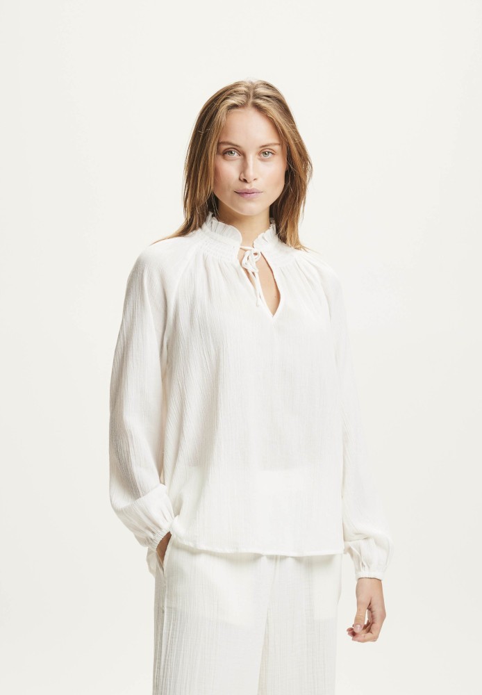 A-shape ruffle stand blouse Snow White - Knowledge Cotton Apparel - DAMEN | Blusen & Hemden