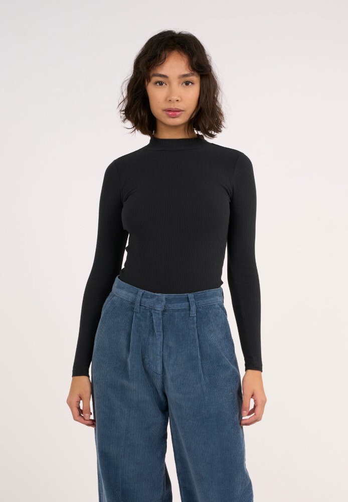 Rib high neck LS Black Jet - Knowledge Cotton Apparel - DAMEN | Longsleeves