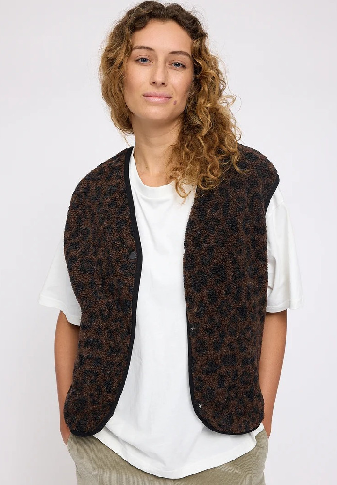 Printed Teddy-Fleece Vest (Damen) chocolate brown/printed - MAZINE - NEU