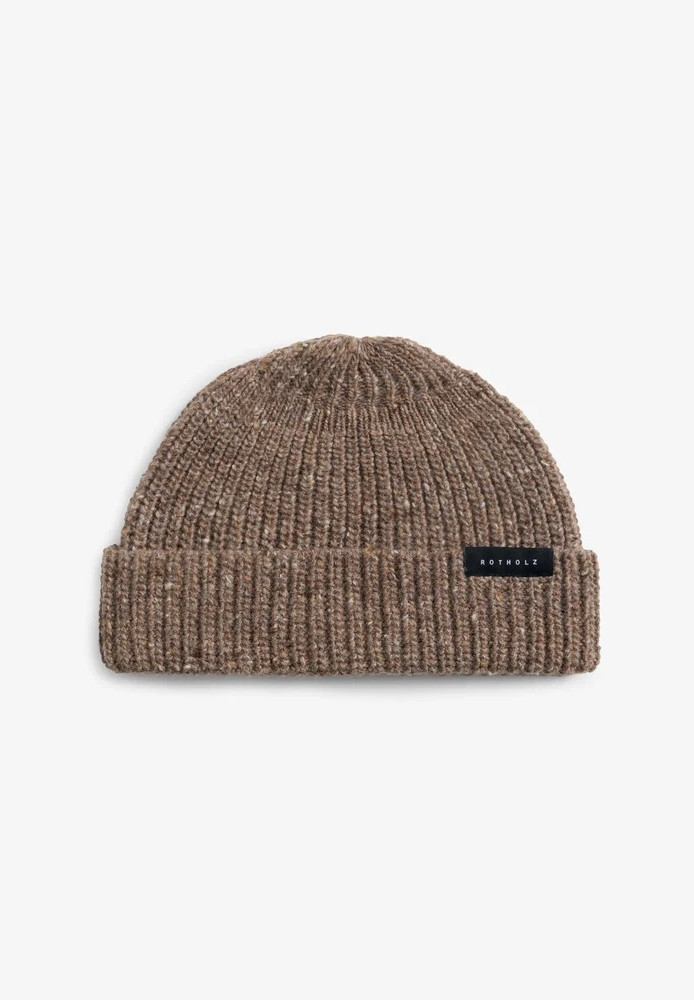 Cropped Ribbed Beanie Merino Wool Speckled Brown - ROTHOLZ - NEU