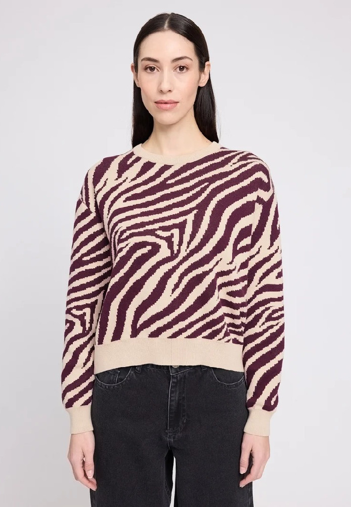 Zebra Jacquard Knit Jumper (Damen) light beige/burgundy - MAZINE - NEU